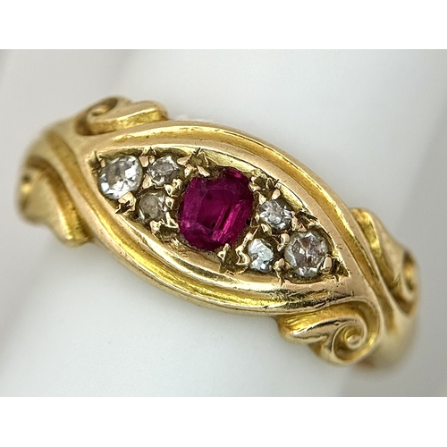 13 - AN 18K YELLOW GOLD, ANTIQUE, DIAMOND AND RUBY SET RING. 4G, SIZE N. TAN 2011