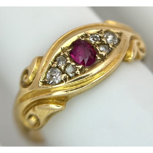 13 - AN 18K YELLOW GOLD, ANTIQUE, DIAMOND AND RUBY SET RING. 4G, SIZE N. TAN 2011