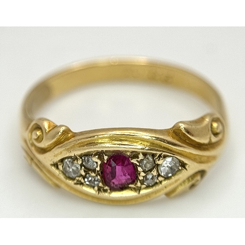 13 - AN 18K YELLOW GOLD, ANTIQUE, DIAMOND AND RUBY SET RING. 4G, SIZE N. TAN 2011