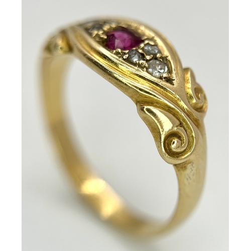 13 - AN 18K YELLOW GOLD, ANTIQUE, DIAMOND AND RUBY SET RING. 4G, SIZE N. TAN 2011