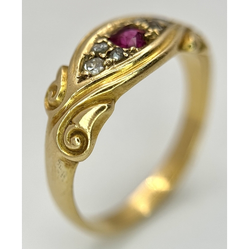 13 - AN 18K YELLOW GOLD, ANTIQUE, DIAMOND AND RUBY SET RING. 4G, SIZE N. TAN 2011