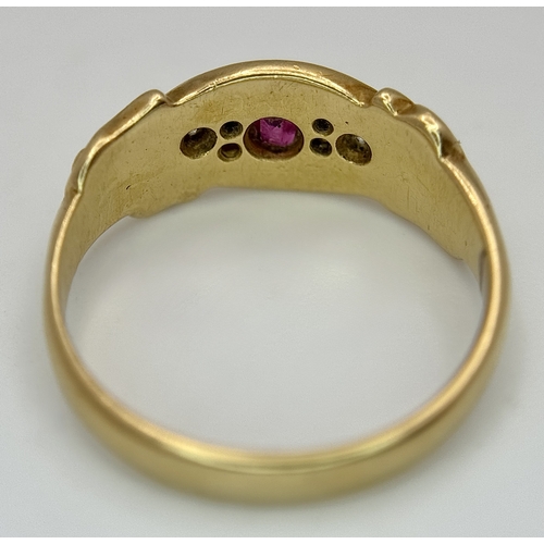 13 - AN 18K YELLOW GOLD, ANTIQUE, DIAMOND AND RUBY SET RING. 4G, SIZE N. TAN 2011