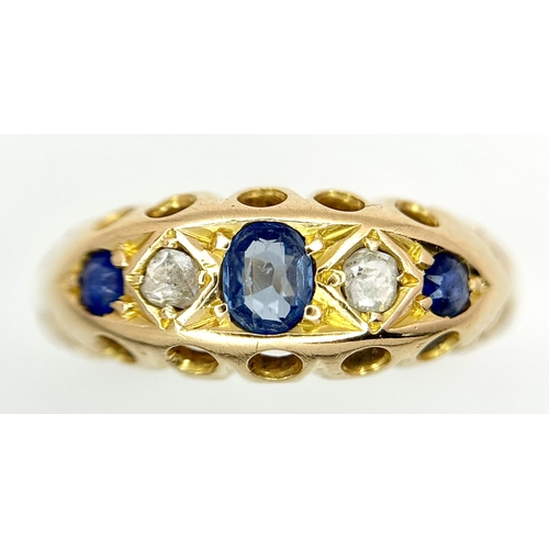 34 - AN 18K YELLOW GOLD, ANTIQUE, DIAMOND AND SAPPHIRE SET RING. 3.1G, SIZE P. TAN 2001