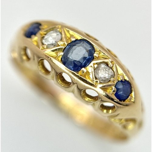 34 - AN 18K YELLOW GOLD, ANTIQUE, DIAMOND AND SAPPHIRE SET RING. 3.1G, SIZE P. TAN 2001