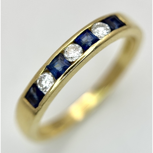 41 - AN 18K YELLOW GOLD, DIAMOND AND SAPPHIRE SET, CHANNEL SET, HALF ETERNITY RING. 3.1G, SIZE N. TAN 200... 