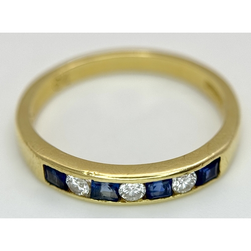 41 - AN 18K YELLOW GOLD, DIAMOND AND SAPPHIRE SET, CHANNEL SET, HALF ETERNITY RING. 3.1G, SIZE N. TAN 200... 