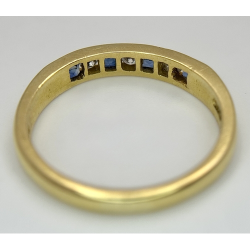 41 - AN 18K YELLOW GOLD, DIAMOND AND SAPPHIRE SET, CHANNEL SET, HALF ETERNITY RING. 3.1G, SIZE N. TAN 200... 