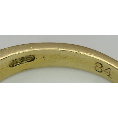 41 - AN 18K YELLOW GOLD, DIAMOND AND SAPPHIRE SET, CHANNEL SET, HALF ETERNITY RING. 3.1G, SIZE N. TAN 200... 