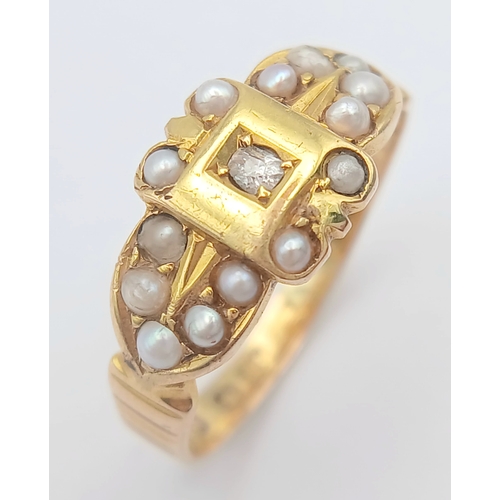48 - AN 18K YELLOW GOLD, ANTIQUE, DIAMOND AND PEARL SET RING. 3.4G, SIZE O. TAN 2004