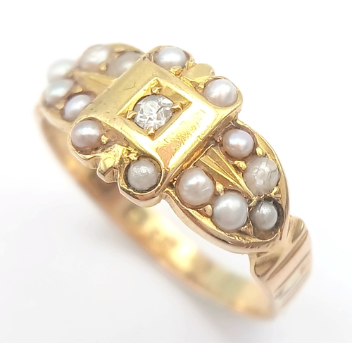 48 - AN 18K YELLOW GOLD, ANTIQUE, DIAMOND AND PEARL SET RING. 3.4G, SIZE O. TAN 2004