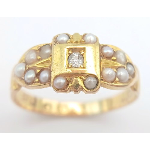 48 - AN 18K YELLOW GOLD, ANTIQUE, DIAMOND AND PEARL SET RING. 3.4G, SIZE O. TAN 2004