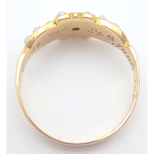 48 - AN 18K YELLOW GOLD, ANTIQUE, DIAMOND AND PEARL SET RING. 3.4G, SIZE O. TAN 2004