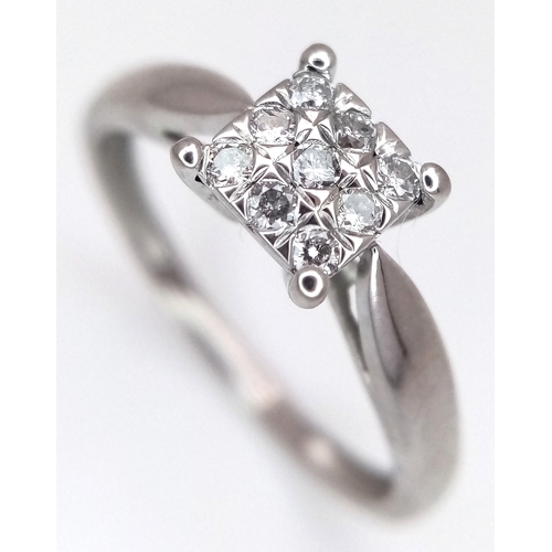 566 - A 9K WHITE GOLD, DIAMOND SET RING. 0.15CTW. 1.7G, SIZE N. SC 2038
