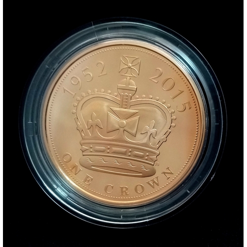 A 22K PROOF GOLD COMMEMORATIVE COIN WEIGHING 39.94gms ISSUED BY THE ROYAL MINT TO CELEBRATE "THE LONGEST REIGNING MONARCH"BEAUTIFULLY PRESENTED IN A CUSTOM MADE VARNISHED WOODEN BOX COMING WITH C.O.A. AND BOOKLET.