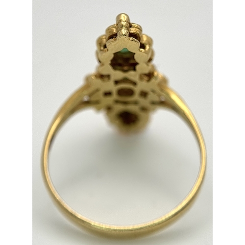 6 - AN 18K YELLOW GOLD, DIAMOND AND EMERALD SET, MARQUISE SHAPED, COCKTAIL RING. 4.7G, SIZE Q. TAN 2002