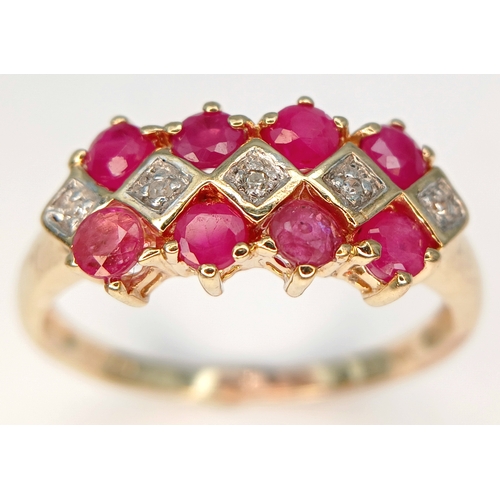 601 - A 9K YELLOW GOLD, DIAMOND AND RUBY SET, 3 ROW RING. 2.4G, SIZE P. SC2045