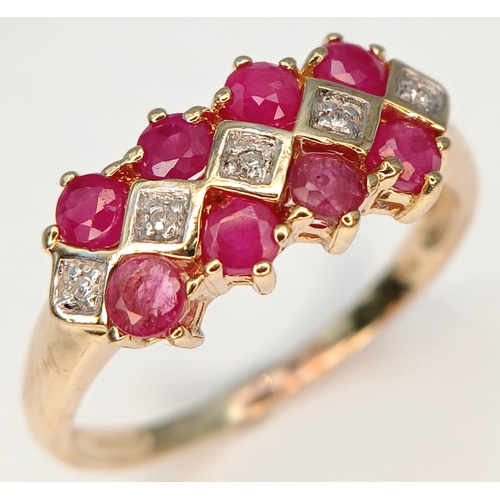 601 - A 9K YELLOW GOLD, DIAMOND AND RUBY SET, 3 ROW RING. 2.4G, SIZE P. SC2045
