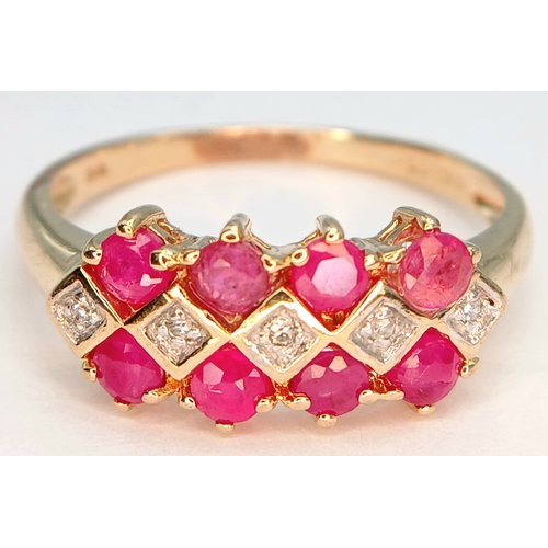 601 - A 9K YELLOW GOLD, DIAMOND AND RUBY SET, 3 ROW RING. 2.4G, SIZE P. SC2045
