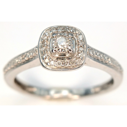 608 - A 9K WHITE GOLD, DIAMOND SET RING. 2.4G, SIZE O. SC 2048