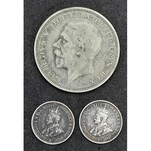 1250 - A 1936 Silver Half Crown Plus Two Silver Three Pence Coins - Both 1919.