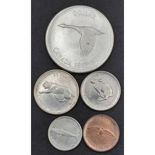 1257 - Five Canadian 1967 Coins Including an 800 Silver Canadian Dollar plus a 25, 10,5 and one cent coin.
