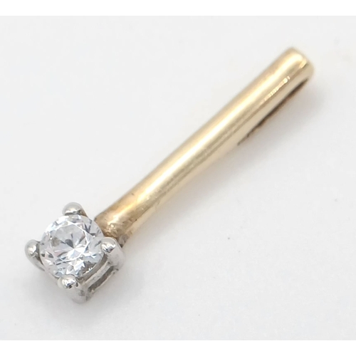 550 - A Vibrant 9k Yellow Gold (Tests as) Cubic Zirconia Solitaire Bar Pendant. 1.5cm Length. Set with a 3... 