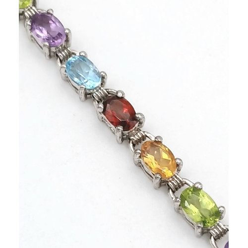 557 - A Pretty Sterling Silver and Multi-Colour Semi-Precious Gemstone Set Bracelet-19cm Length. Set with ... 