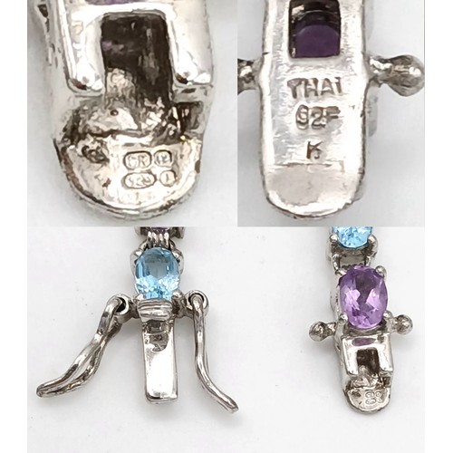 557 - A Pretty Sterling Silver and Multi-Colour Semi-Precious Gemstone Set Bracelet-19cm Length. Set with ... 