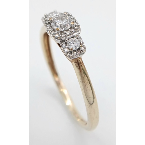 552 - A 9K YELLOW GOLD, DIAMOND SET, TRIPLE CLUSTER RING. 0.25CTW. 1.5G, SIZE O. SC 2031