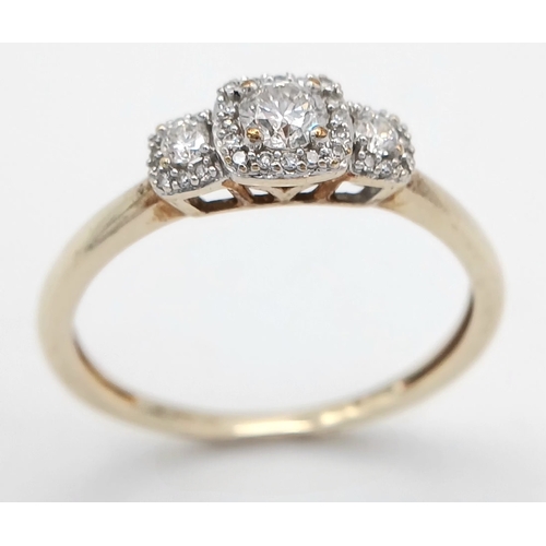 552 - A 9K YELLOW GOLD, DIAMOND SET, TRIPLE CLUSTER RING. 0.25CTW. 1.5G, SIZE O. SC 2031