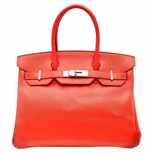 An Hermes Bougainvillier Epsom Birkin 30 Handbag. Bougainvillier Epsom leather exterior with silver-toned hardware, double rolled top handles, leather sangles, clochette, keys and turn-lock closure. Matching leather interior with one main compartment, open side pocket and one zipped pocket. Few tiny signs of wear to the leather but in very good condition overall. Approx 30cm length x 22cm height x 15cm depth. T stamp (2015). Please see photos or request a condition report. Ref: H010.