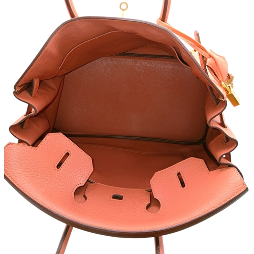 19 - An Hermes Birkin 35 Crevette Swift Leather Handbag. Crevette pink Swift leather exterior with gold-t... 
