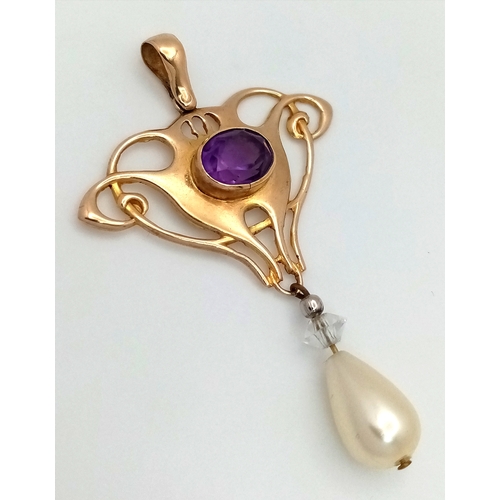 21 - Vintage 9 CARAT GOLD,  VICTORIAN STYLE  DROP PEARL PENDANT with AMETHYST CENTRE DETAIL. 3.3 Grams. A... 