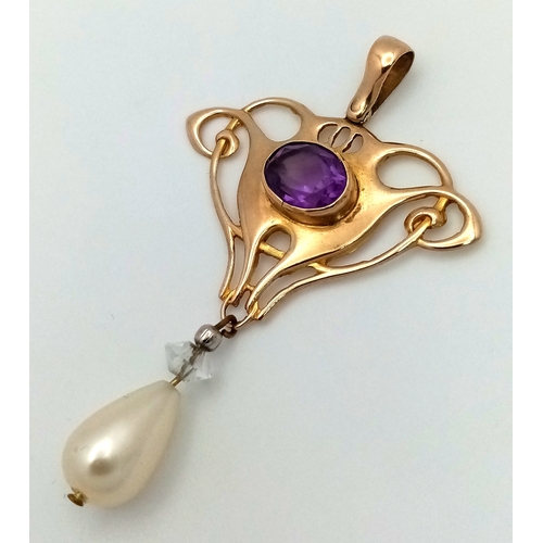 21 - Vintage 9 CARAT GOLD,  VICTORIAN STYLE  DROP PEARL PENDANT with AMETHYST CENTRE DETAIL. 3.3 Grams. A... 
