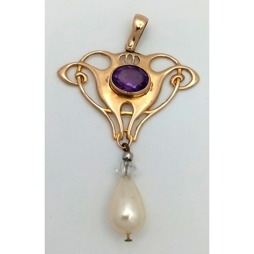 21 - Vintage 9 CARAT GOLD,  VICTORIAN STYLE  DROP PEARL PENDANT with AMETHYST CENTRE DETAIL. 3.3 Grams. A... 