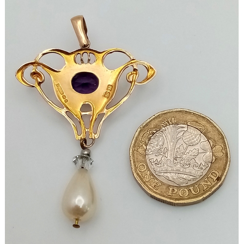 21 - Vintage 9 CARAT GOLD,  VICTORIAN STYLE  DROP PEARL PENDANT with AMETHYST CENTRE DETAIL. 3.3 Grams. A... 