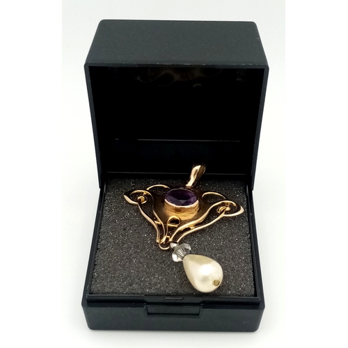 21 - Vintage 9 CARAT GOLD,  VICTORIAN STYLE  DROP PEARL PENDANT with AMETHYST CENTRE DETAIL. 3.3 Grams. A... 