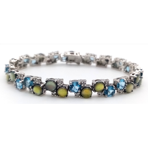599 - A Pretty Sterling Silver Multi-Colour Gemstone Bracelet-19.5cm Length, 8mm Width. The Bracelet has a... 