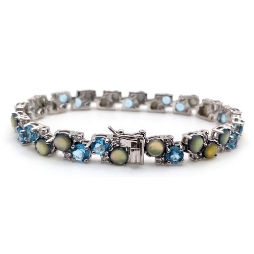 599 - A Pretty Sterling Silver Multi-Colour Gemstone Bracelet-19.5cm Length, 8mm Width. The Bracelet has a... 