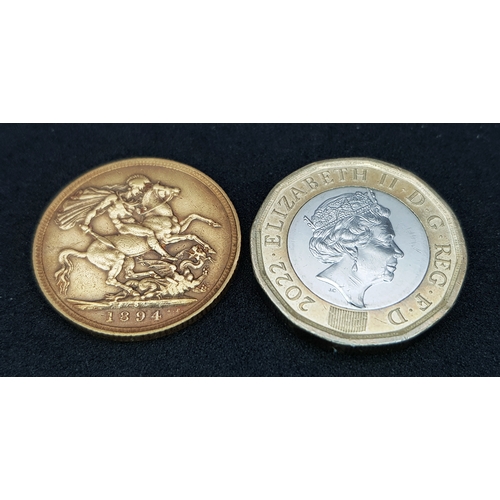 610 - An 1894 Queen Victoria Full Sovereign Coin. 22k Gold.