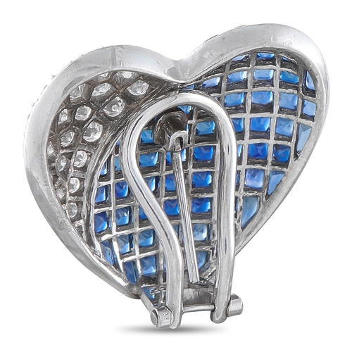 1207 - A pair of 18K White Gold 1.75ct Diamond and Sapphire Heart Clip-On Earrings. Sparkling pave Diamonds... 