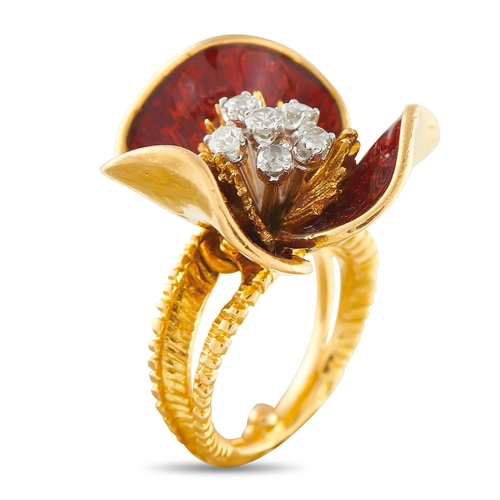 603 - An 18K Yellow Gold 0.30ct Diamond and Enamel Flower Ring. Set in 18K Yellow Gold, it features a 2mm ... 