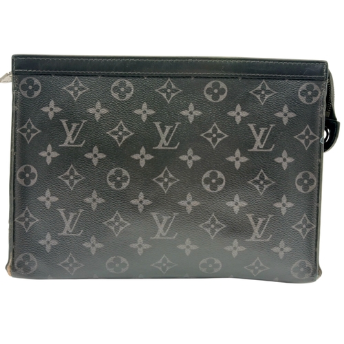 607 - A Louis Vuitton Monogram Eclipse Pochette Voyage. Black canvas exterior with silver-toned hardware a... 