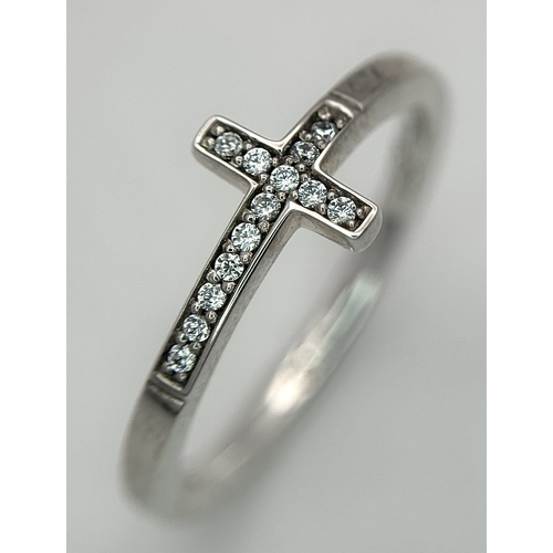 593 - A Thomas Sabo Sterling Silver Diamante Cross Ring. 1.97 g, Size N, Ref: 025609