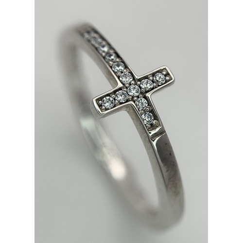 593 - A Thomas Sabo Sterling Silver Diamante Cross Ring. 1.97 g, Size N, Ref: 025609