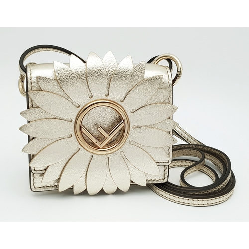 572 - A Fendi Flower Micro Kan I Crossbody Bag. Metallic champagne leather exterior with gold-tone Fendi l... 