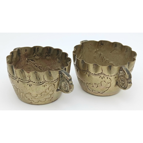 1228 - Antique Pair of Victorian Brass Salt Dishes.Approx 5 cm Diameter. Please see pictures.