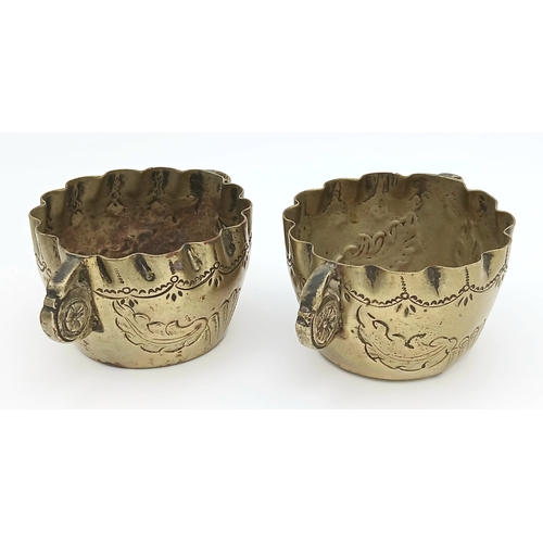 1228 - Antique Pair of Victorian Brass Salt Dishes.Approx 5 cm Diameter. Please see pictures.