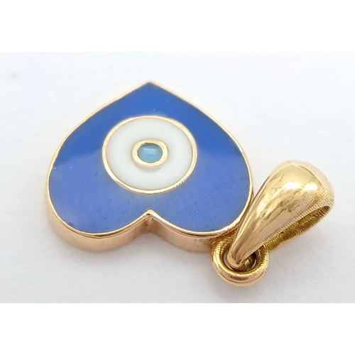 1230 - An 18K Gold and Enamel Heart evil eye Pendant. 2cm. 0.72g. MK17