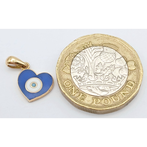1230 - An 18K Gold and Enamel Heart evil eye Pendant. 2cm. 0.72g. MK17
